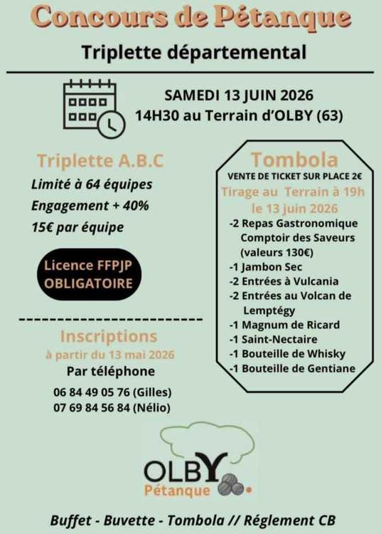 Concours en Triplette le 13 juin 2026 - Lieu à définir (63) - 00000