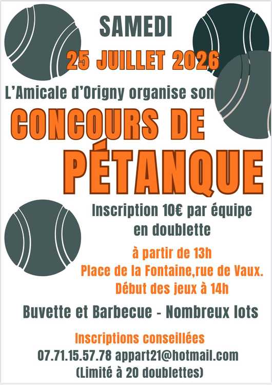 Concours en Doublette le 25 juillet 2026 - Origny - 21510