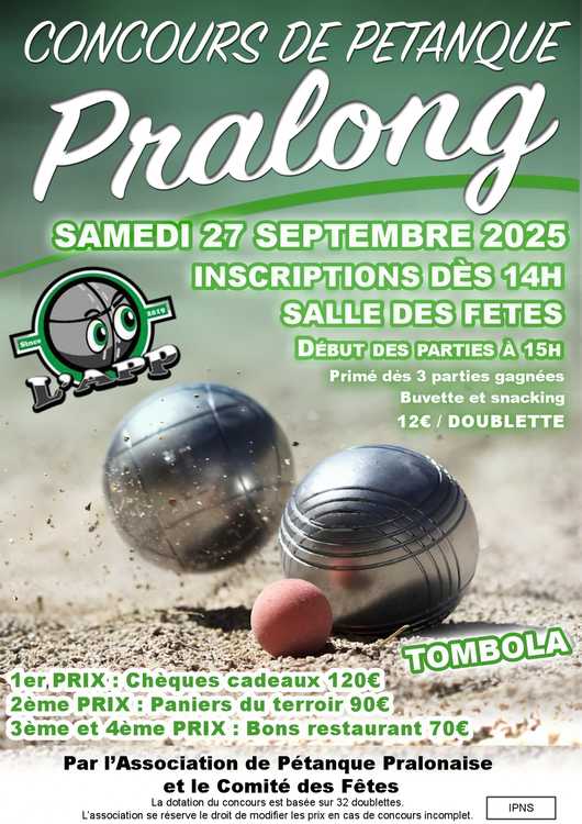 Concours en Doublette le 27 septembre 2025 - Pralong - 42600