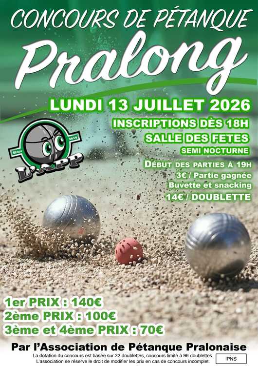 Concours en Doublette le 13 juillet 2026 - Pralong - 42600