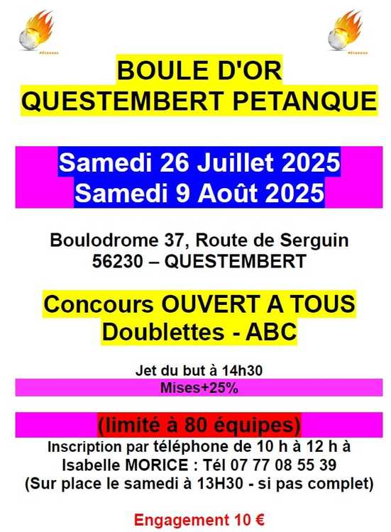 Concours en Doublette le 9 août 2025 - Questembert - 56230