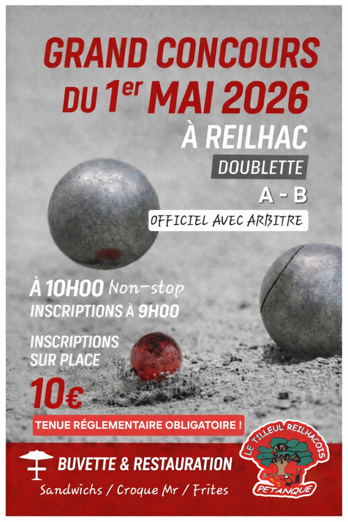 Concours en Doublette le 1 mai 2026 - Reilhac - 15250