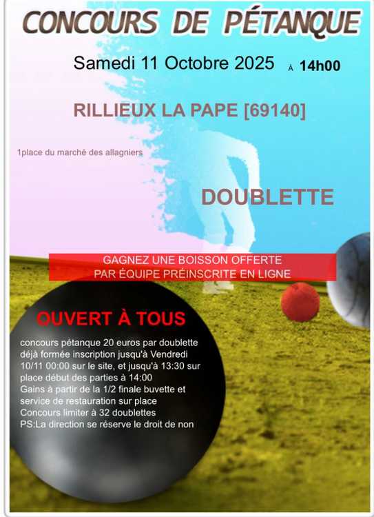 Concours en Doublette le 11 octobre 2025 - Rillieux-la-Pape - 69140