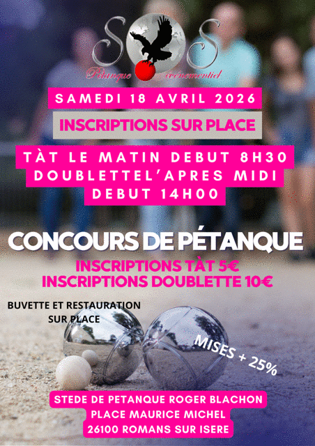 Concours en Doublette le 18 avril 2026 - Romans-sur-Isère - 26100