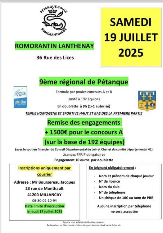 Concours en Doublette le 19 juillet 2025 - Romorantin-Lanthenay - 41200