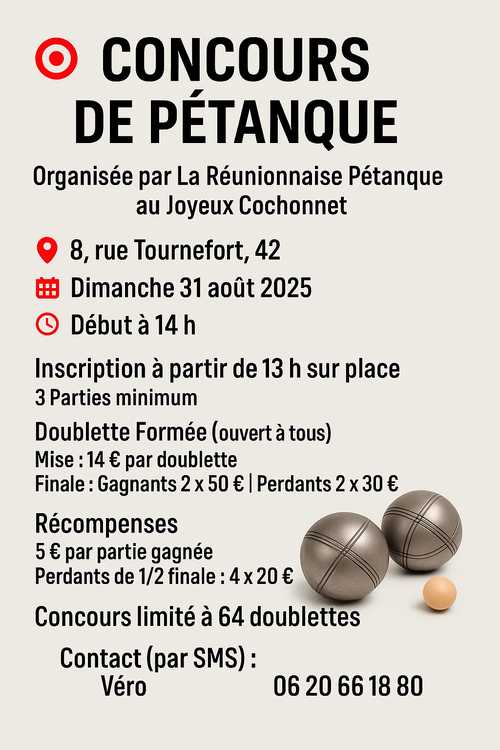 Concours en Doublette le 31 août 2025 - Saint-Étienne - 42000