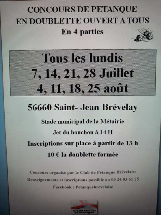 Concours en Doublette le 7 juillet 2025 - Saint-Jean-Brévelay - 56660