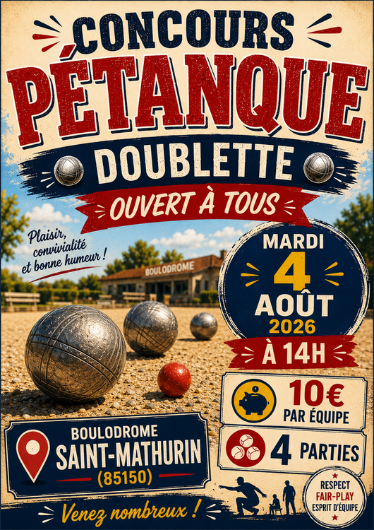 Concours en Doublette le 4 août 2026 - Saint-Mathurin - 85150