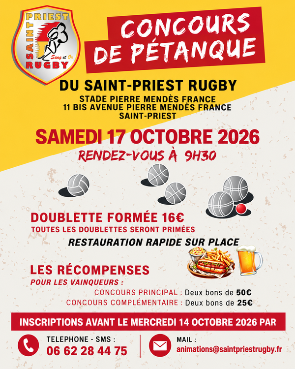 Concours en Doublette le 17 octobre 2026 - Saint-Priest - 69800