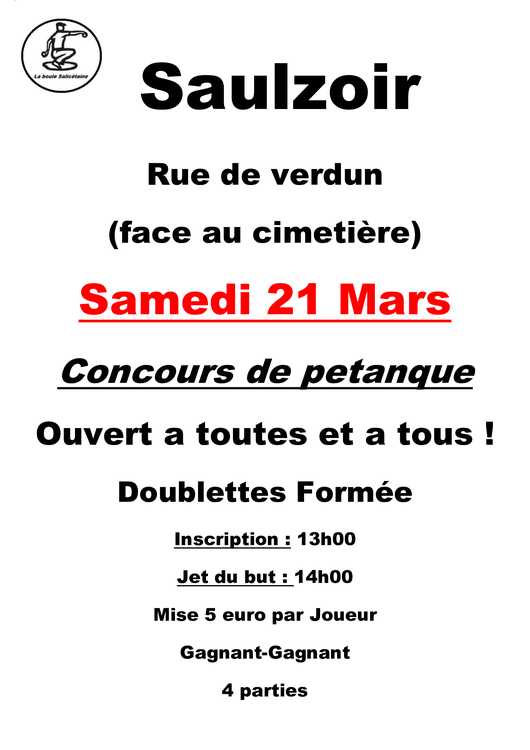 Concours en Doublette le 21 mars 2026 - Saulzoir - 59227