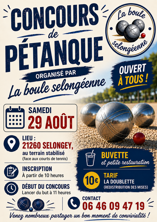 Concours en Doublette le 29 août 2026 - Selongey - 21260