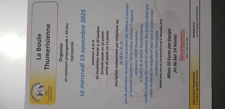 Concours en Doublette le 19 novembre 2025 - Thumeries - 59239