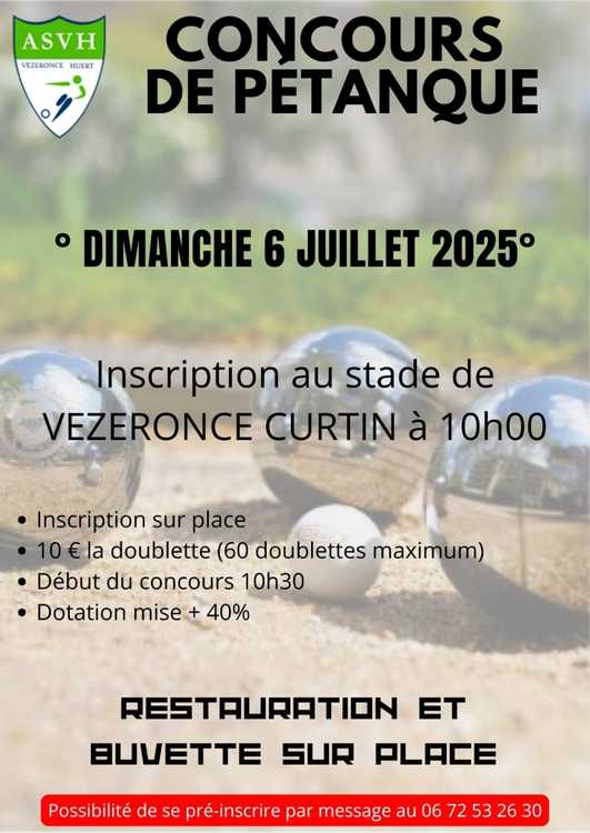 Concours en Doublette le 6 juillet 2025 - Vézeronce-Curtin - 38510