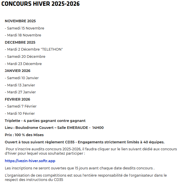 Concours en Triplette le 23 décembre 2025 - Vezin-le-Coquet - 35132