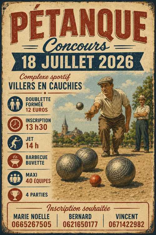 Concours en Doublette le 18 juillet 2026 - Villers-en-Cauchies - 59188